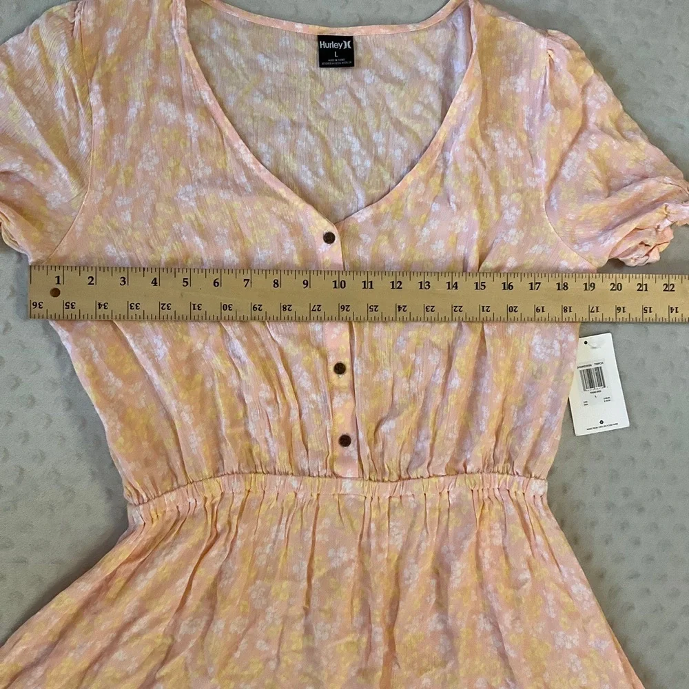 NWT Hurley Peach Floral Light Pink Print V Neck Cinched Waist Dress Large - Picture 5 of 8